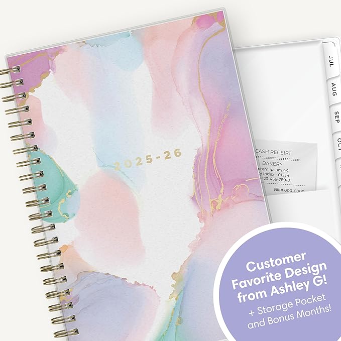 Blue Sky Ashley G 2025-2026 Weekly and Monthly Academic Year Planner Calendar, July 2025 - June 2026, 5" x 8", Flexible Cover, Wirebound, Laminated Tabs, Multi Color Smoke