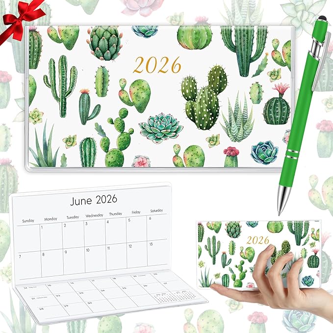 Gueevin 2026 Pocket Calendar for Purse with Pen Small Pocket Planner Handy Weekly Monthly Planner Journal Writing Notebook Valentine New Year Gift Sister Friend Women(Succulent,Green)