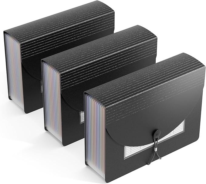 ThinkTex Accordion File Organizer, 12 Pockets Monthly Bill Receipt Organizer, Portable Expanding File Folders, Multi-Color Tabs, Letter/A4 Size - 3 Packs