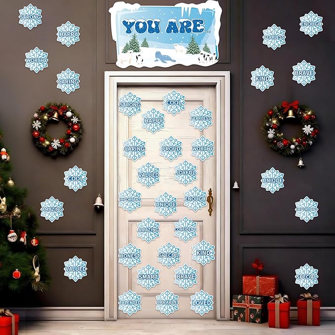 Winter Affirmation Station Bulletin Board Door Decoration Winter Snowflake Classroom Decor Christmas Motivational Positive Cutout Classroom Mirror Growth Mindset Decor for School Home Door Wall Supply