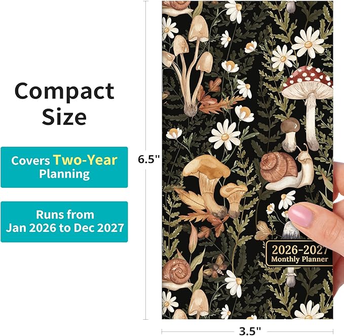 Pocket Calendar 2026-2027 for Purse, Two Year Monthly Planner Pocket Size 6.5" x 3.5", Jan 2026 - Dec 2027 Monthly Planner Small Calendar for School, Work and Home - Mushroom