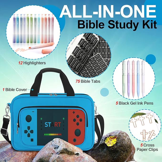 Gamer Large Bible Cover Case for Boys, Book Carrying Case with Strap Handle Zipper Pocket,Bible Protective Church Bag,Bible Study Supplies Journaling Kit,Bible Organizer Holder Bag,Christian Gift Blue