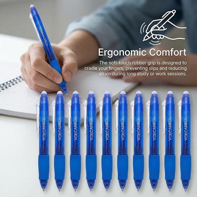Volcanics Retractable Clicker Erasable Gel Pens - 0.7mm Ball Point, Heat Erase with Built-in Eraser, 12 Pack Blue
