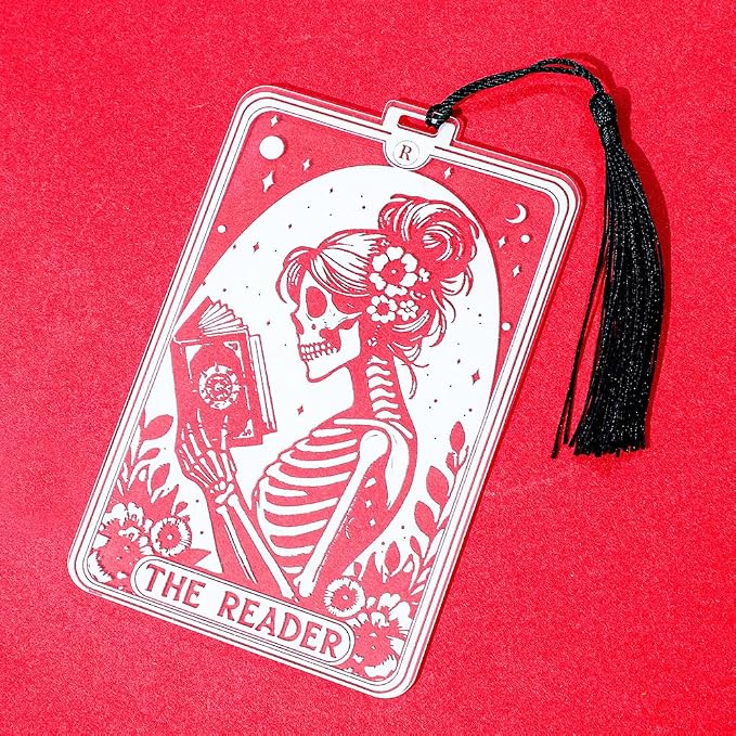 1Pc Translucent Gothic Skull Bookmarks for Women Readers - “Reader” Themed Acrylic Bookmark with Tassel for Nurses, Retirees, Men Gifts, Book Page Accessories, Reading Markers (Women Reader)