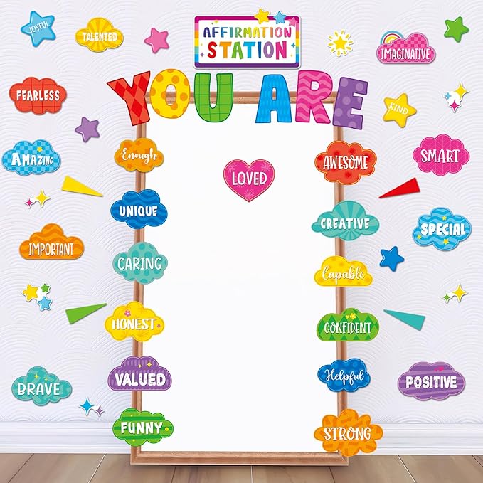 45pcs Bright Affirmation Station Bulletin Board Set Motivational Posters Classroom Mirror Growth Mindset Decor Positive Affirmations Accents Cutouts for School Office Home Teacher Wall Supply
