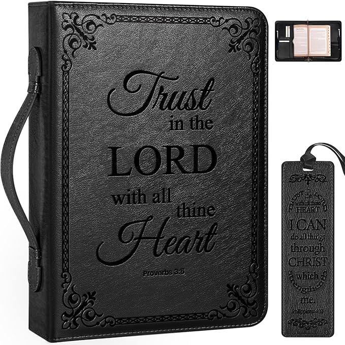 Extra Large Bible Cover Case for Men Women, Mens Bible Covers Cases Leather Bible Cover Carrying Case for Women Men with Handle Zippered Bible Book Cover Holder Bag Case(Black, XL)