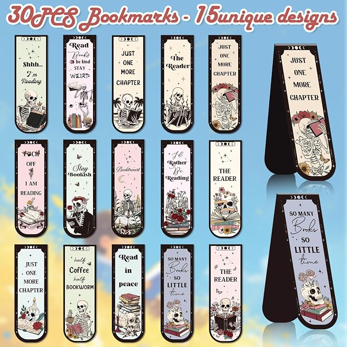 Skeleton Reading Bookmark Magnetic Gift - Wxiben 30 Pcs Gothic Skull Bookmarks Magnetic Floral Skeleton Book Marks Page Magnets Marker Clip for Women Men Students Teacher Book Lovers Bookish