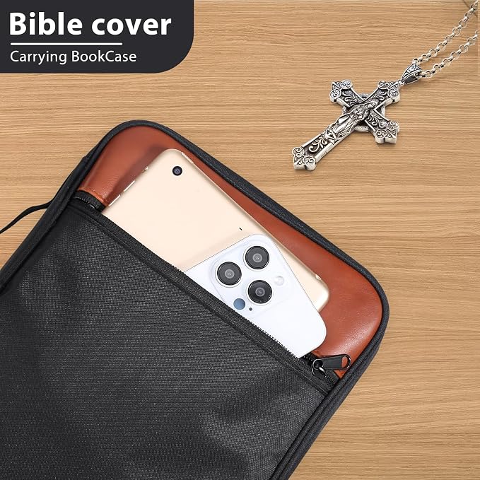 GERMUN Bible Cover with Durable Handle, Carrying Book Case Church Bag Bible, Protective with Zippered Pocket, Bible Accessories Supplies, Book Protector for Book Lovers, BlackBrown