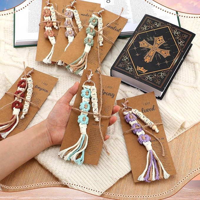 Gerrii 12 Set Back to School Keychains Bulk Christian Gifts for Women Christian Faith Bookmarks with Inspirational Bible Verses Macrame Tassel Keychain Classroom Prize Bible Verse Gift (Bright)