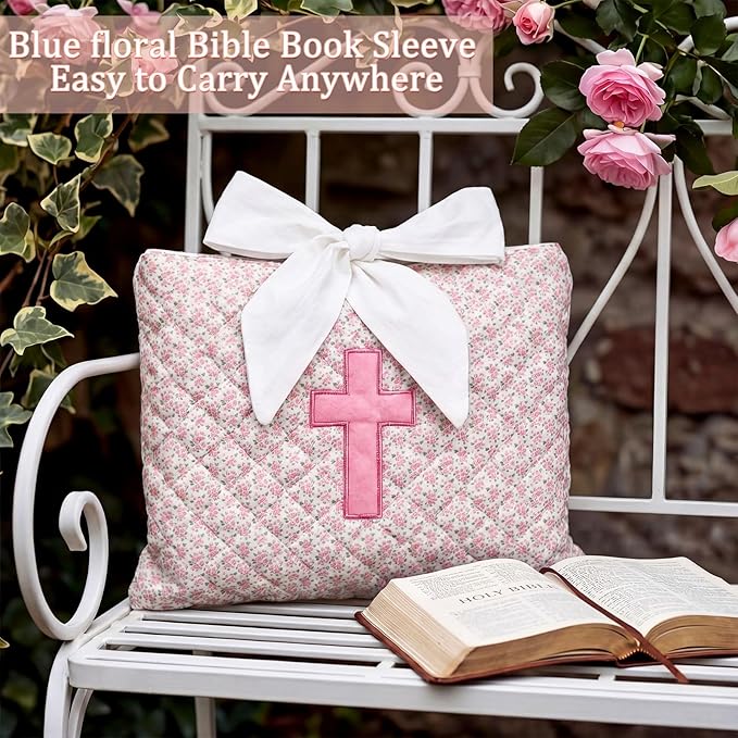 Honoson Quilted Bow Bible Sleeve Cover Case Padded Protector Washable Bible Bag Pouch Christian Gift for Women Girls Book Lover Gifts(Pink Floral Cross)