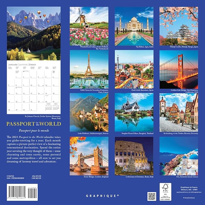 Graphique 2024 Passports to the World Wall Calendar | 12” x 12” | Thick Paper | Home & Office Organizer | Large Monthly Grid | 3 Languages & Marked Holidays | 4 Month Preview Page for 2025