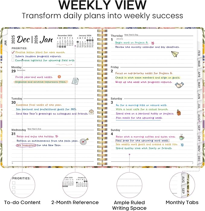 2026 Planner, Weekly and Monthly Calendar Planner Book, January 2026 - December 2026, Hardcover Spiral Planner with Monthly Tabs, Notes Pages, Perfect for Women & Men, A4 (8.5" x 11") - FLoral