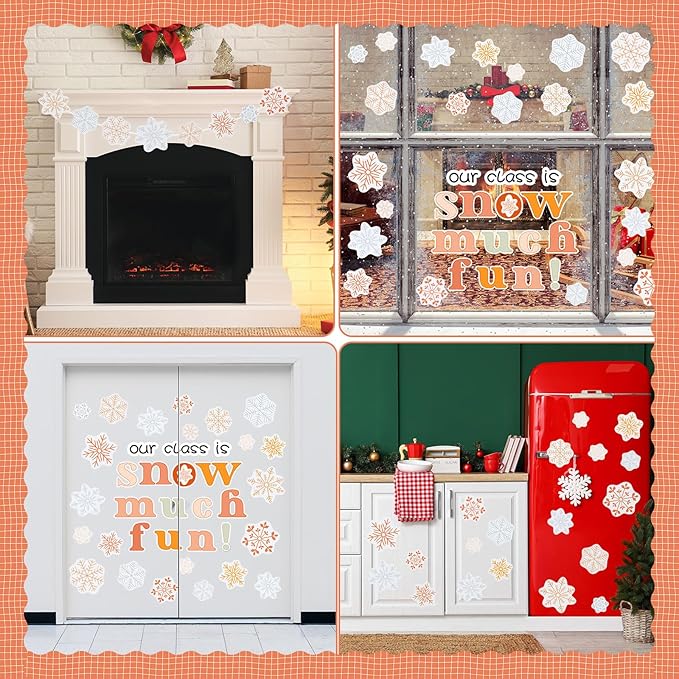 FYSUIMU 62 Pcs Winter Christmas Bulletin Board Decoration Boho Colored Snowflake Paper Cutouts with 100 Pcs Glue Points for Xmas Holiday Welcome Party Classroom
