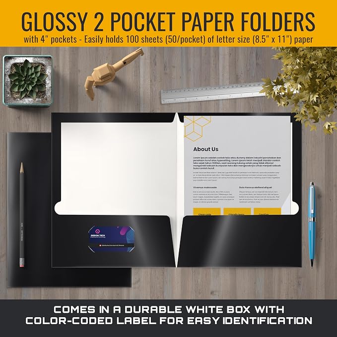 Better Office Products 2 Pocket Glossy Laminated Black Paper Folders, Letter Size, Black Paper Portfolios, Box of 25