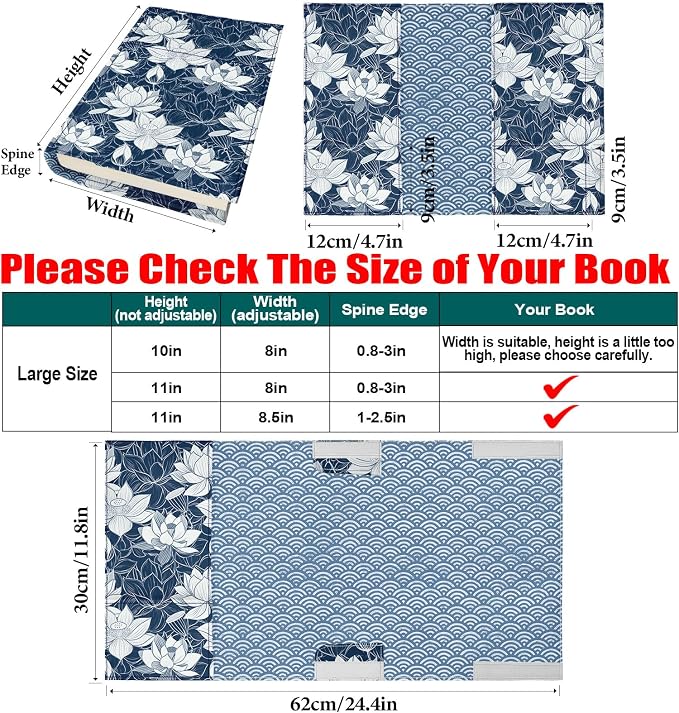Book Cover Protector for Paperback,Adjustable Soft Canvas Fabric Book Cover with Pocket Bookmark,Double Side Print Book Dust Jacket Covers for Hardcover Book Lovers Gift Lotus Flower L