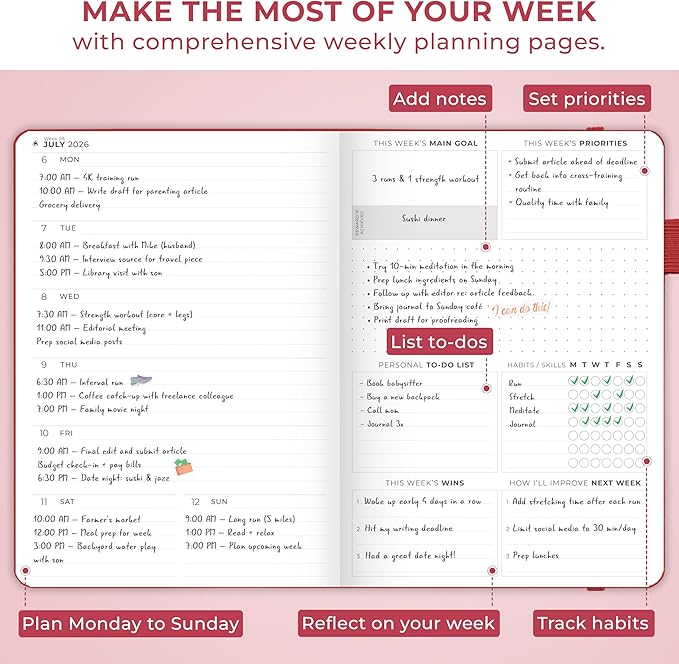Clever Fox Dated Planner Premium 2026 – Weekly Agenda for Planning & Time Management –Notebook with Habit Tracker & To-do List (Red)