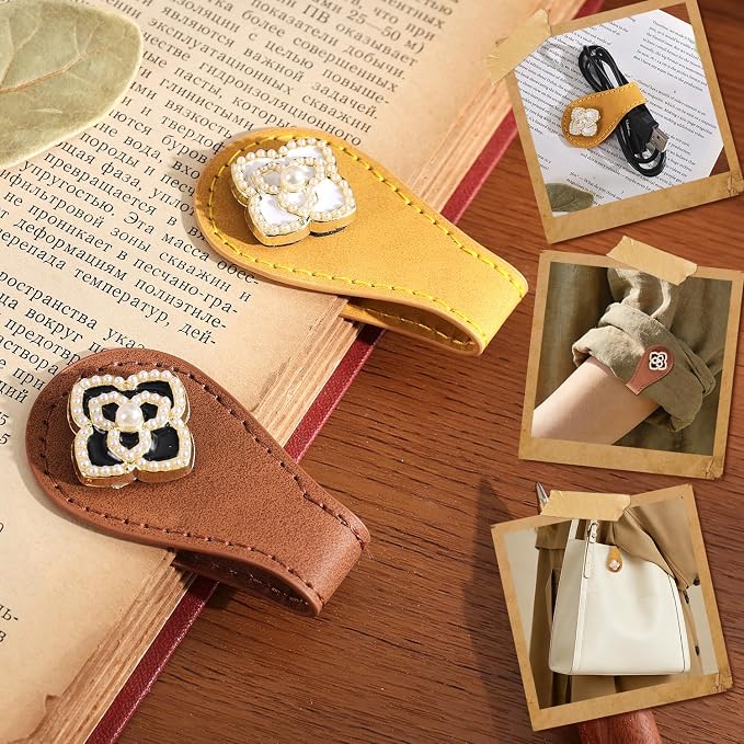 2PCS Magnetic Bookmarks with Pen Clip, Leather Bookmarks for Women, Magnetic Pen Holder Book Accessories, Four-Leaf Rose