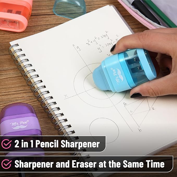 Mr. Pen- Pencil Sharpener & Eraser, 4 Pack, 2-in-1 Manual Sharpeners with Canister, 2 Sharpening Holes for Standard & Jumbo Pencils, Colorful Dual Hole Design for School, Office, Home, Kids