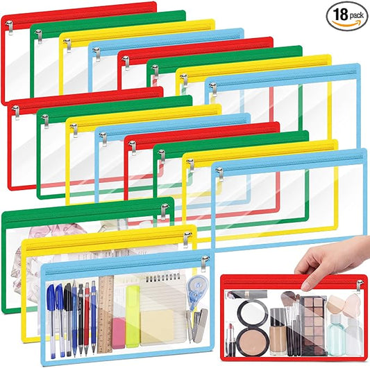 Ireer 18 Pcs Clear Zipper Pouches PVC Waterproof Pouch Bags Transparent Zipper Pouch Clear Storage Bags Multipurpose for Organizing Travel Cosmetics Document File (Multicolor,11.5 x 7 Inch)