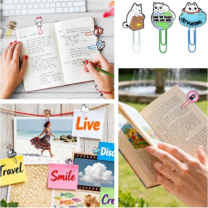 Cute Paper Clips, 30Pcs Cute Cat Bookmark Paperclips Bulk Metal Fun Cute Animal Planner Clip Charm Clamp Desk Accessories Stationery Colorful Office Supplies gifts for Student Teacher Party Decorative