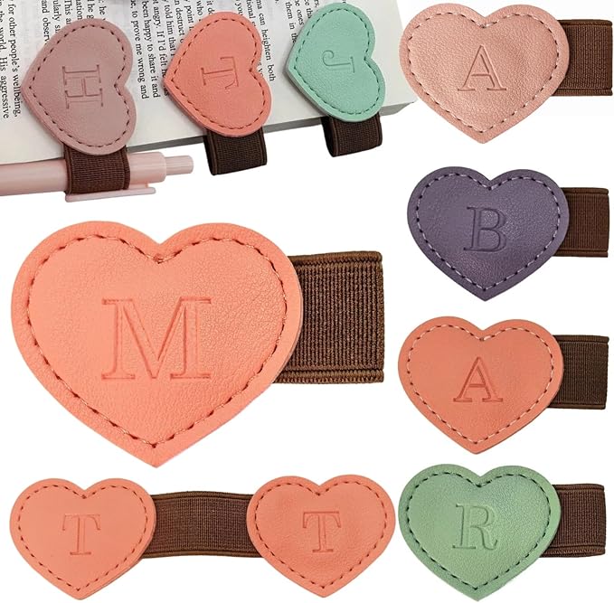 Personalized Magnetic Leather Heart Bookmark with Pen Holder - 26 Letters Custom Book Mark Notebook Pencil Loop with Initial Book Marker for Readers, Book Lovers- Gifts for Women Men(Black & Orange,M)