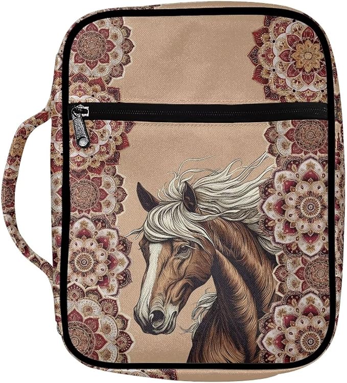 Suobstales Boho Mandala Horse Print Bible Cover Carrying Book Case for Women Men Lightweight Bible Bag Bible Protective with Handle and Zippered Pocket