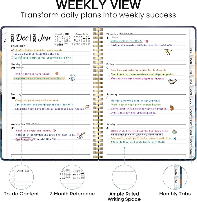 2026 Planner, Weekly and Monthly Calendar Planner Book, January 2026 - December 2026, Hardcover Spiral Planner with Monthly Tabs, Notes Pages, Perfect for Women & Men, A4 (8.5" x 11") - Abstract