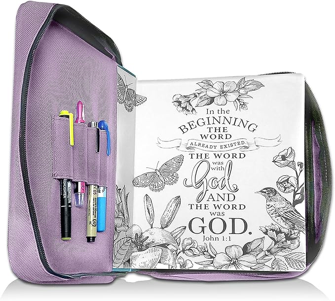 Armor of God Bible Cover & Book Cover | Oxford Cloth with Handle & Cross Emblem Zipper-Pull | 4 Pen Loops Inside Cover | Outside Pocket | Black & Lavender | Large & XL