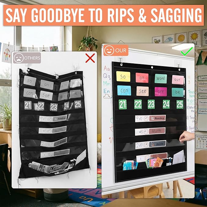 Pocket Chart for Classroom - 7+1 Black Pocket Chart for Alphabet Learning Word Wall Calendar Daily Schedule Sentence Strips Sticker Display, Teacher Supplies for Preschool Kindergarten & Home