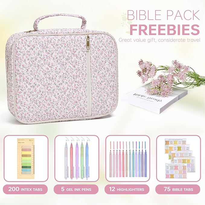 Bible Cover Case for Women Large Bible Cover with Durable Handle Quilted Bible Carrying Case for Girls Bible Study Supplies Accessories (Mini Pink Flower, Mini Pink Flower)
