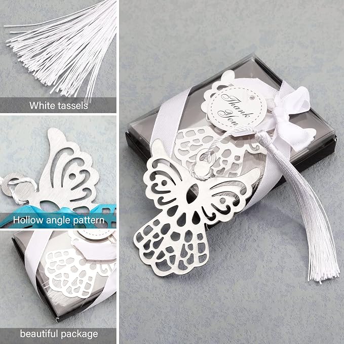 Spakon 60 Pieces Metal Angel Bookmark Favors Tassels Angel Bookmark Funeral Favors for Book Lovers Collection Guests Gift