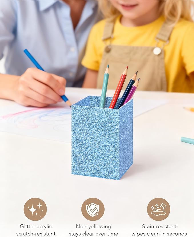 Blue Glitter Acrylic Pen Holder, Acrylic Makeup Brush Storage Organizer, Pencil Pen Holder for Desk, Modern Desktop Accessories for Office School Home Supplies