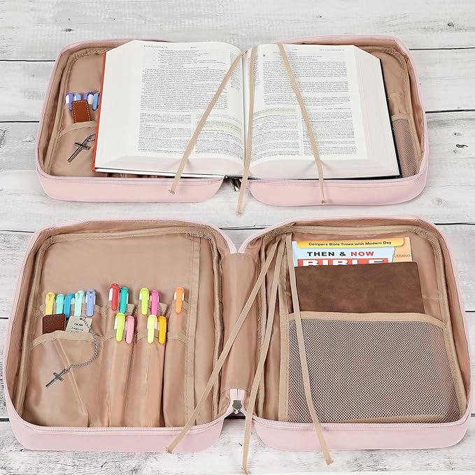 FINDCOZY Bible Cover Case for Women, Large Carrying Church Bag for Biblical Accessories with Handle, Pink