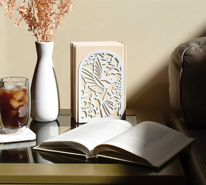 CNK Premium BookEnds - Metal Book Stoppers for Home Office, Book Shelf Holder, Decorative (Hummingbird White)