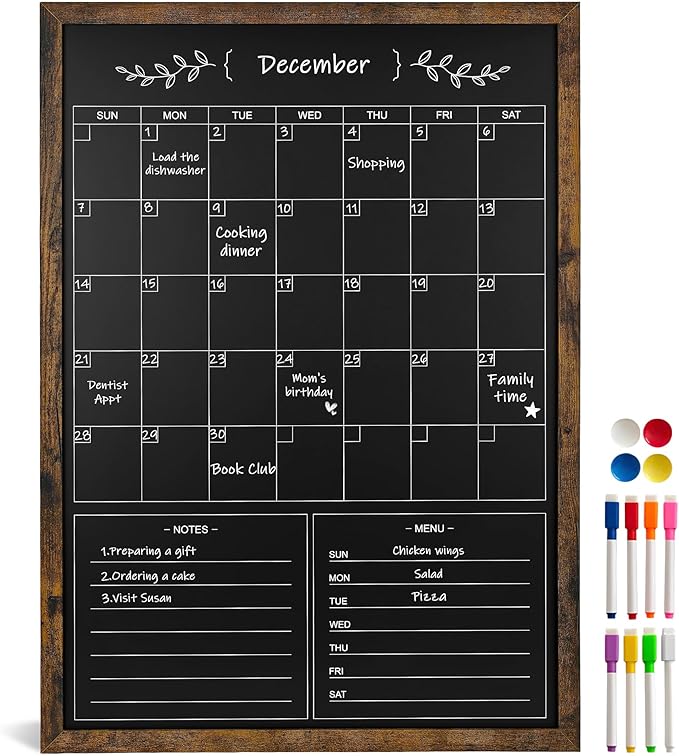 Chalkboard Calendar for Wall,20" x 28" Rustic Framed Magnetic Chalkboard for Home Kitchen Office School
