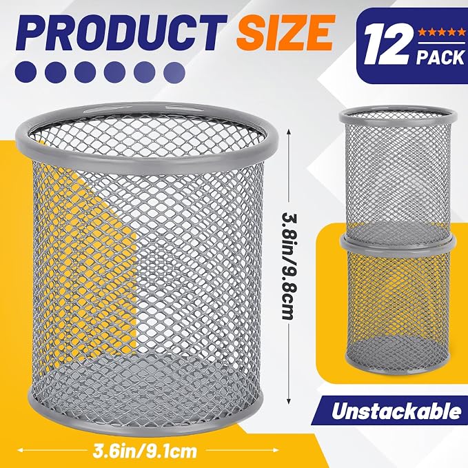Segarty Pen Cup Holder for Desk, 12 Pack Round Silver Pen Holder, Wire Mesh Pencil Cups Containers Marker Organizer Set for Office Supplies, School, Desktop Accessories, Makeup Brush