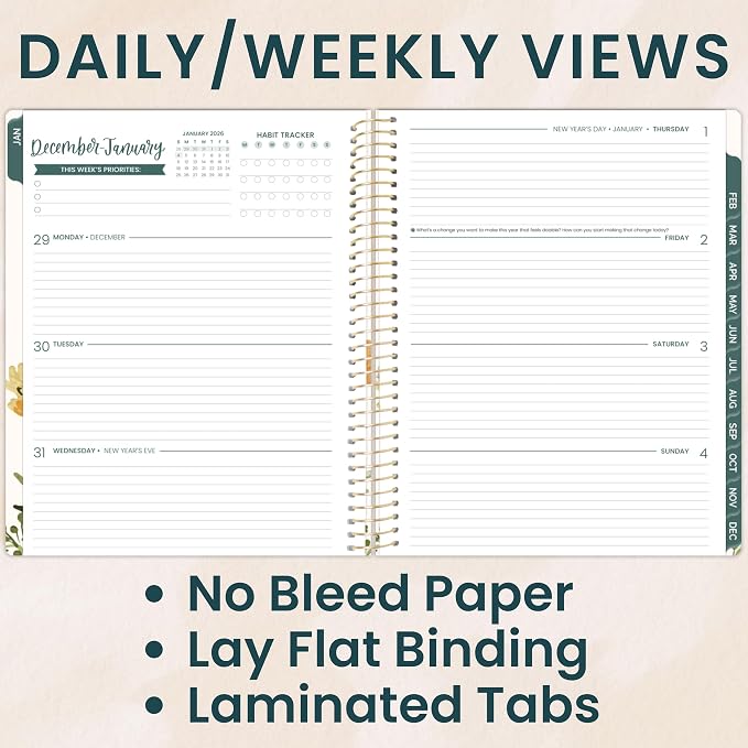 bloom daily planners 2026 Planner (January to December) - 8.5” x 11” Weekly & Monthly Dated Agenda Organizer Book with Stickers & Tabs - Flexible Soft Cover - Beige Bouquet