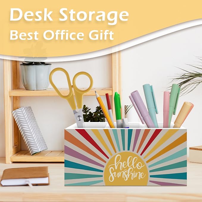 Boho Hello Sunshine Pen Pencil Holder, Sunshine Gifts for Women, Boho Desk Accessories, Colorful Sun Sunrise Wooden Pen Pencil Organizer for Kids Room Classroom Home Office Desk Decor