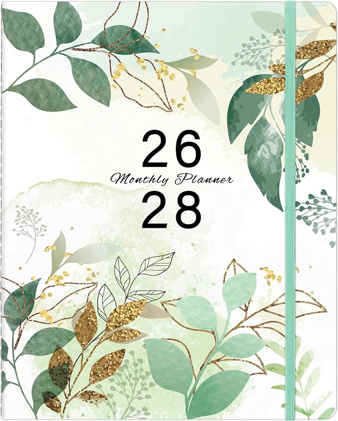 2026-2028 Monthly Planner, 2 Year Calendar Planner, Jul 2026 - Jun 2028, 8.3'' x 11'', 24 Months, Embossed Cover, with Printed Tabs ＆Pocket, Elastic Closure, Organizer for Office Home School, Green