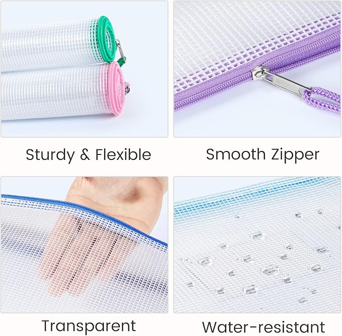 Sooez 24 Pack Mesh Zipper Pouch with Sticky Labels, A4 Mesh Bags, Sturdy Letter Size File Folders Organizer, Office School Classroom Teacher Supplies, Toy Storage Bag Board Game Puzzles Organization