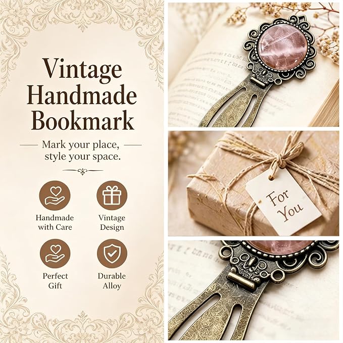 Vintage Rose Quartz Bookmark with Natural Crystal Stone - Fantasy Brass Metal Bookmarks for Reading Women, Men, Book Lovers, Girls and Teachers Book Marks(Rose Quartz)