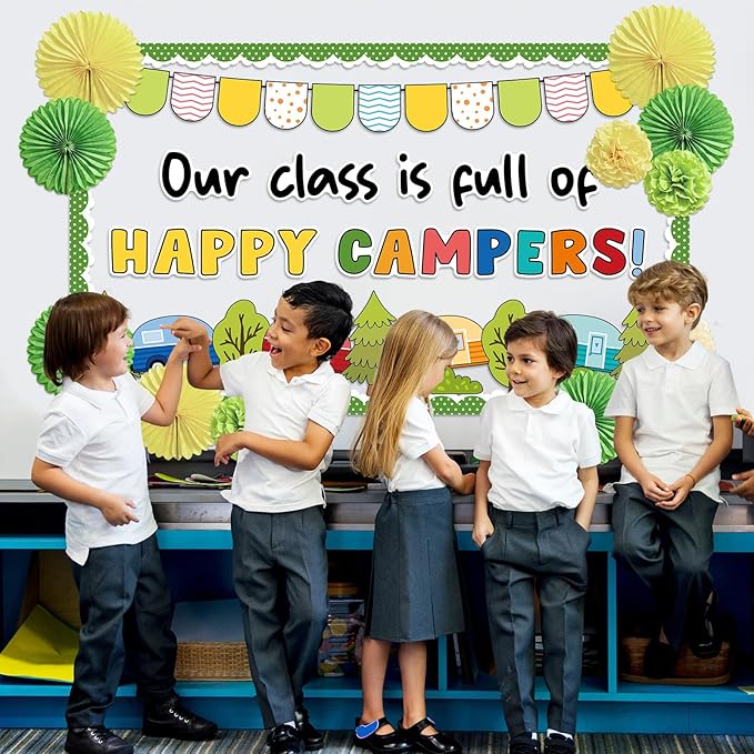 Summer Camping Bulletin Board Decorations Set with 3D Tissue Paper Flower Paper Fan Camping Theme Classroom Bulletin Board Border Set Vintage Trailer Cutouts for Woodland School Chalkboard Supplies