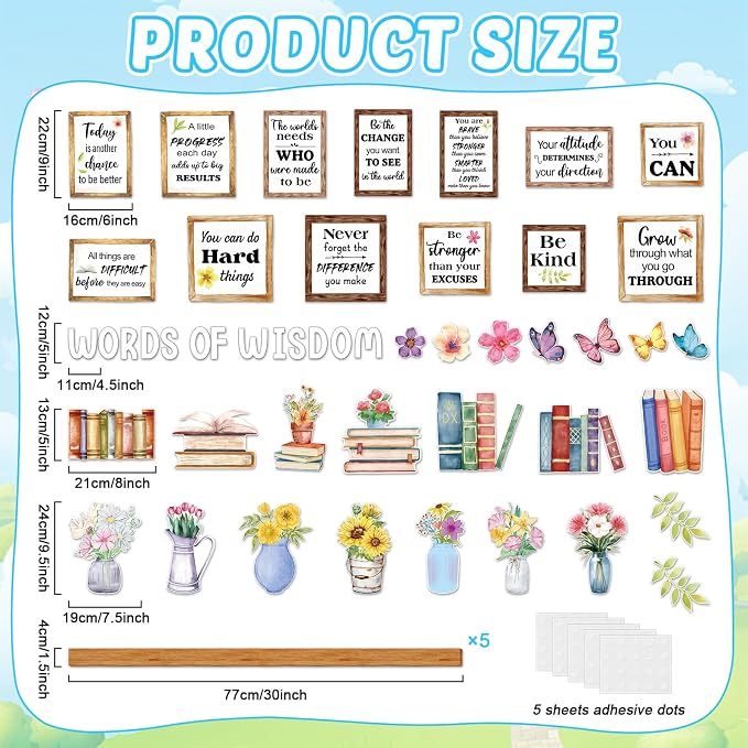 Flower Words of Wisdom Bulletin Board Classroom Decoration Summer Themed Floral Paper Cutouts Flowers Motivational Door Wall Stickers for Classroom School Wall Window Educational Learning Activities
