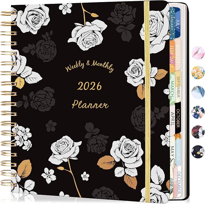 CAGIE 2026 Planner Weekly and Monthly Dec 2025–Dec 2026 Hardcover Planner with Pockets, 13 Month Large Black Flowers Calendar Planner with Stickers Tabs, Spiral Bound Yearly Calendar Planner for Women, 8.3" x 9.3"
