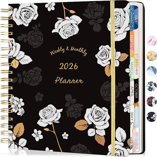 CAGIE 2026 Planner Weekly and Monthly Dec 2025–Dec 2026 Hardcover Planner with Pockets, 13 Month Large Black Flowers Calendar Planner with Stickers Tabs, Spiral Bound Yearly Calendar Planner for Women, 8.3" x 9.3"