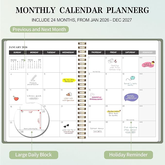 Monthly Planner 2026-2027, 2026 Calendar 24 Months Planner, JAN 2026 - DEC 2027, 7.4"x9.4", Personal Organizer with Monthly Goals, To-Do List, Habit Tracker, 24 Monthes for School Office Home Planning