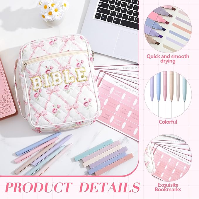 Sinload Quilted Bible Cover Case for Women Large Carrying Bag with Organizer Tabs 6 Colored Pens 6 Highlighters Book Tote Bags with Handle Bible Carry Supplies Christian Gifts(Pink Bow Floral)