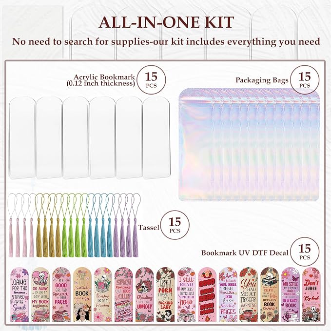 Dazoratix Dark Romance Acrylic Bookmarks - 60 Pcs Smut Blanks Bookmark Making Kit with Tassels Funny Spicy Clear Pink Bulk UV DTF Transfer Stickers for Book Lovers Women Girls Reading DIY Crafts Gifts