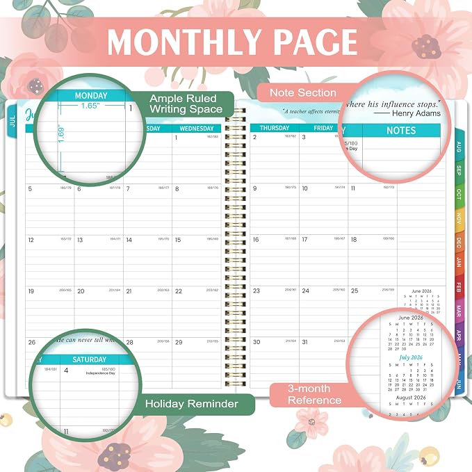 Teacher Planner 2026-2027 - Teacher Lesson Planner 2026-2027, Weekly & Monthly Lesson Planner, July 2026 - June 2027, 11"x 8.5", Colorful Monthly Tabs, Twin-Wire Binding, Holidays, Pocket