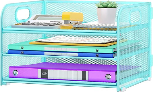 Cawukege 3 Tier Paper Organizer with Handle, Metal Desk Organizer Mesh Paper Letter Tray Desktop File Folder Document Sorter for Classroom, School, Office Accessories Storage (1, Blue)